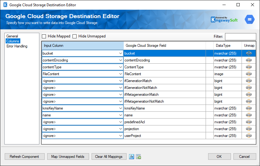 SSIS Google Cloud Storage Destination Component - columns